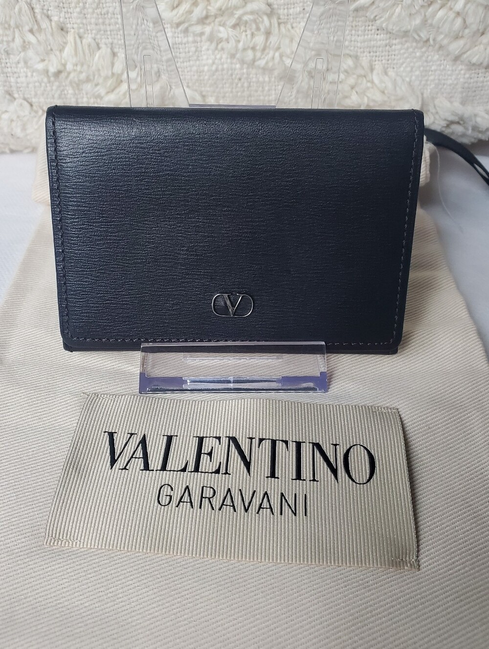Valentino Garavani Black Leather Compact Card Case with Silver Logo